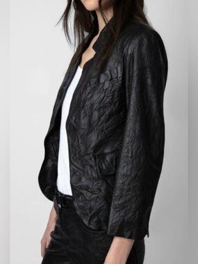 Zadig & Voltaire Verys Crinkled Black Lamb Leather Blazer Jacket NWT Size 34/XS